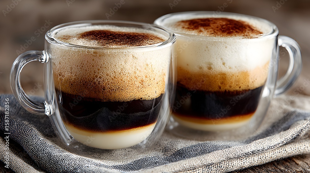 Two glass mugs of layered coffee with creamy foam and cocoa powder sit on a striped napkin close together. Two glass mugs of layered coffee with creamy foam and cocoa powder sit on a striped napkin close together.