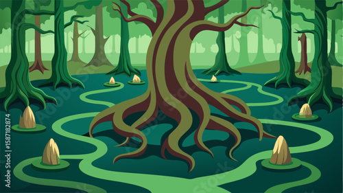 The tangled roots of the cypress trees create a labyrinthlike barrier around the bayou.