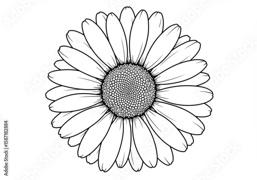 Detailed black and white line art illustration of a daisy flower head