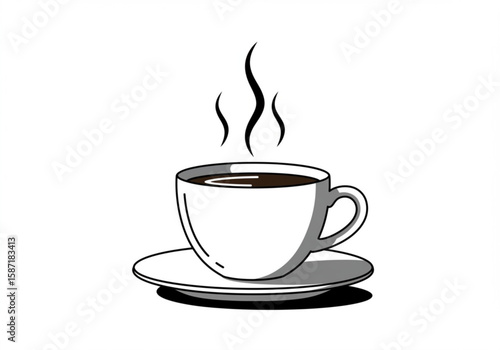 Simple line art illustration of a steaming cup of coffee on a saucer