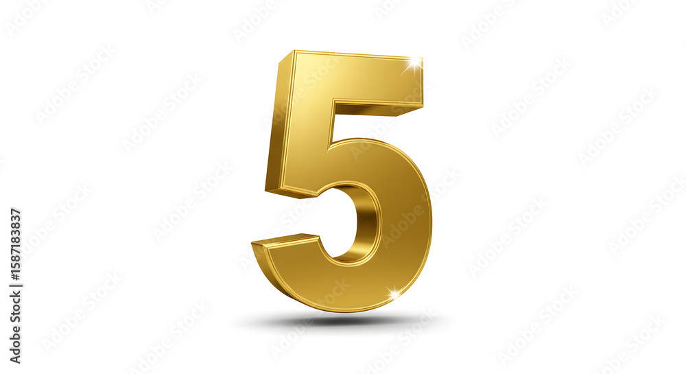 Fototapeta premium Shiny Golden Number Five on White Background