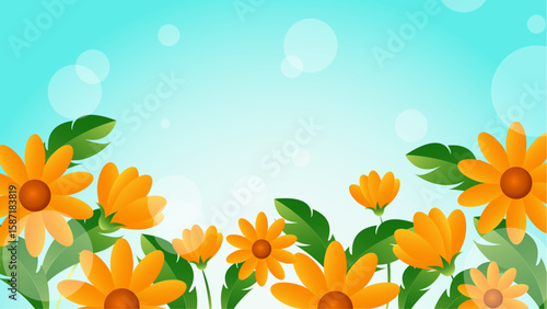 Orange flowers and green leaves on light blue background perfect for spring themed designs such as greeting cards, invitations, and social media posts.