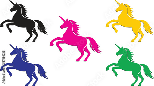 Five Silhouetted Unicorns in Different Colors black
