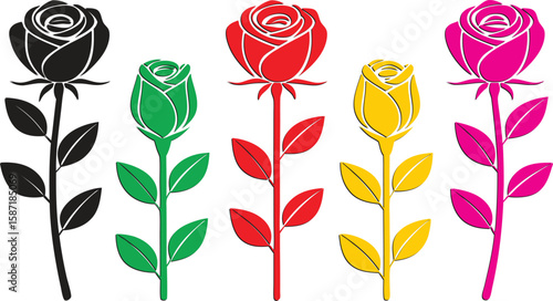 Five stylized roses in black green red yellow and pink