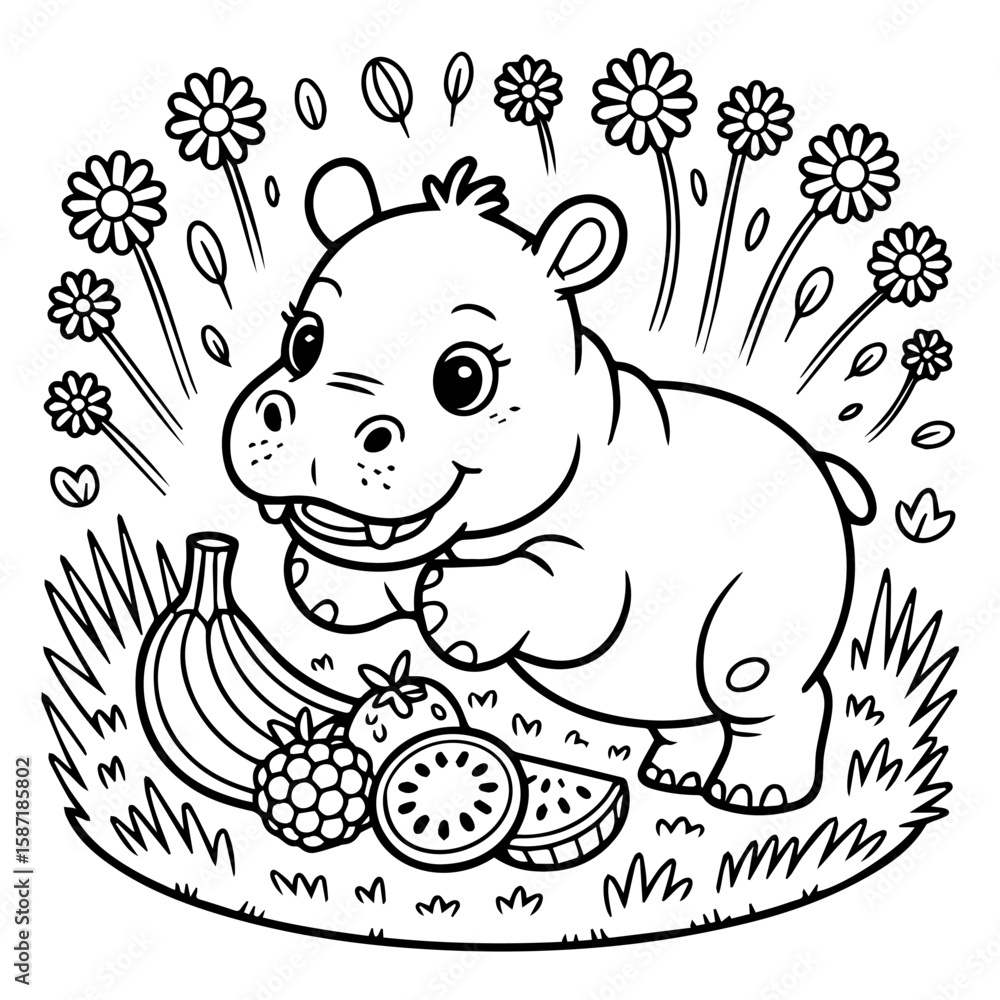 Fototapeta premium A cartoon hippo smiles while holding fruit in a garden setting.