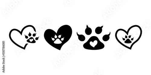Heart with pet paw print icon set. Dog and cat paw symbols in heart shape, vector illustration.
