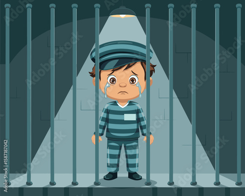 Sad Cartoon Prisoner Child in Jail Cell, Regretful Expression