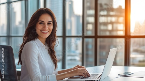 Woman working on a laptop in an office with city views. Free Download Woman working on a laptop in an office with city views. - GFXLoad