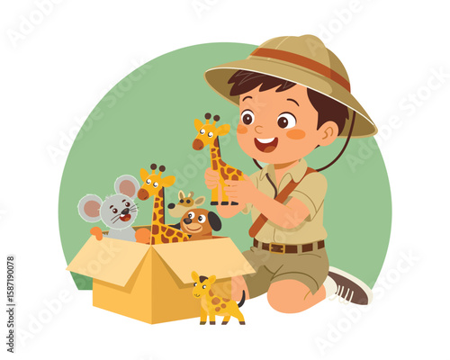 Happy Boy Explorer Unpacking Safari Animal Toys in Box flat vector