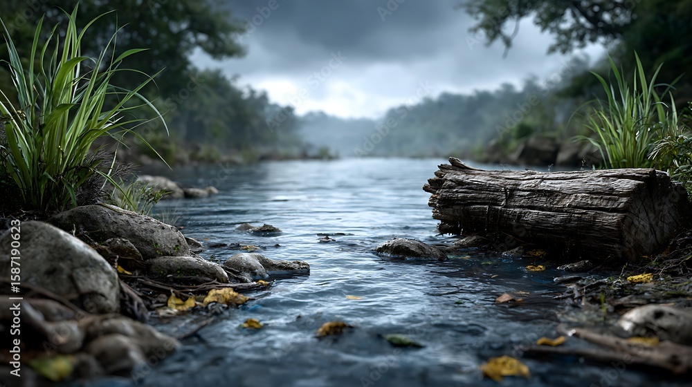 Obraz premium Dirty water of a pond filled with marine litter, plastic film, and floating garbage contaminating the aquatic ecosystem.