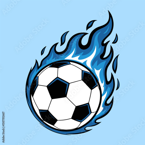 Flaming Soccer Ball Illustration with Blue Fire