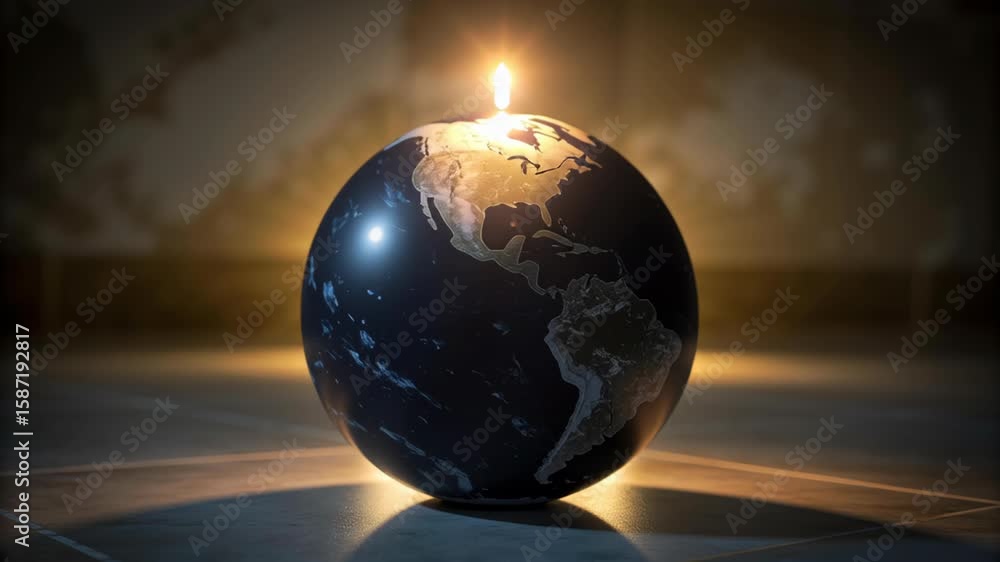 Global energy crisis concept ,Glowing globe candle illuminates earth, spreading warmth and light across continents in dark spaces