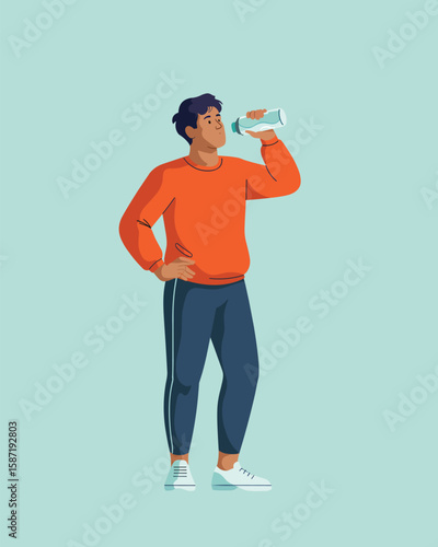 Young man in sportswear drinks water after workout, healthy lifestyle.