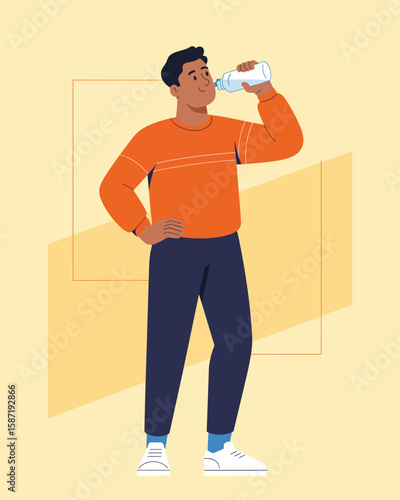 Young man in sportswear drinks water after workout, healthy lifestyle.