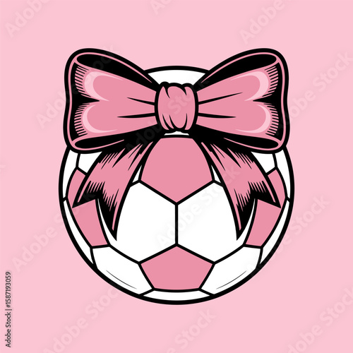 Cute Pink Soccer Ball with Bow Flat Vector Illustration