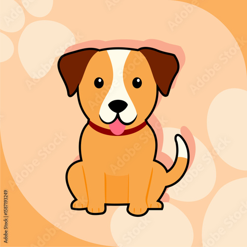 Cartoon dog sitting with tongue sticking out, set against a paw print background.