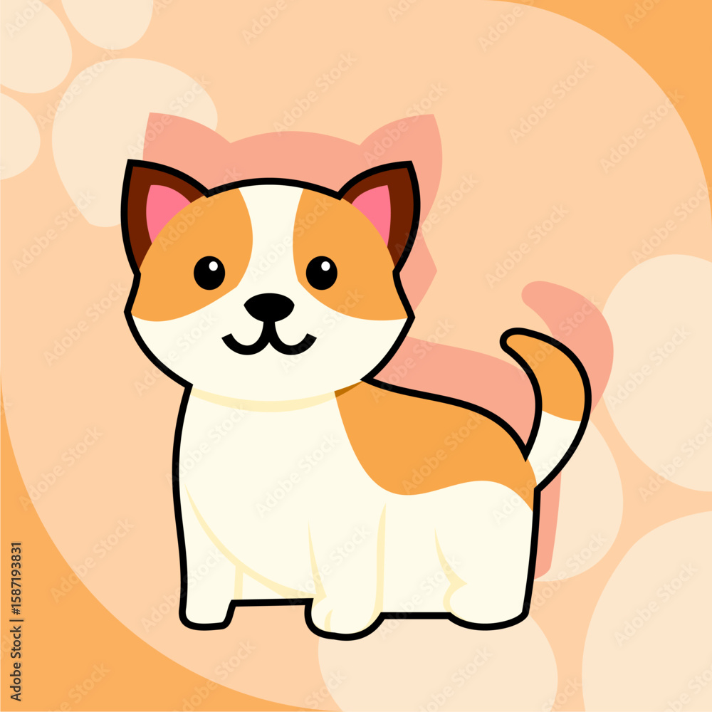 Fototapeta premium Cute cartoon dog illustration with peach and white fur, sitting against a soft peach background.