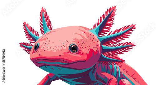 A stylized illustration of a cute pink and blue axolotl with prominent feathery gills on a white background.