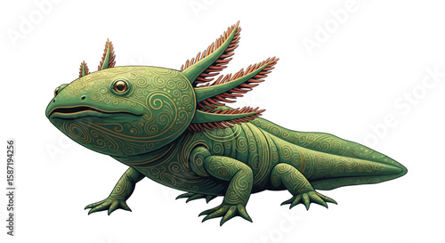 A stylized green axolotl illustration with intricate carvings and feathery gills, isolated on a white background.