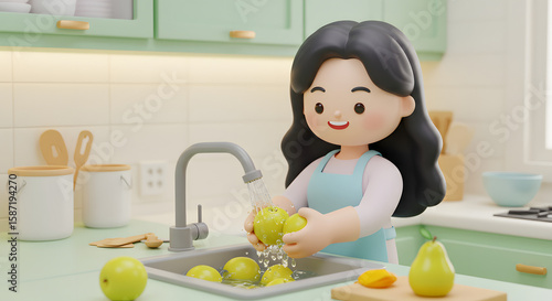 동양인 여자가 주방에서 주방세제로 깨끗하게 과일을 씻고 있는 모습