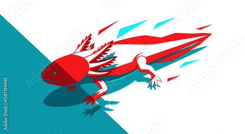 A stylized red axolotl with white accents swims dynamically, casting a shadow on a split teal and white background.