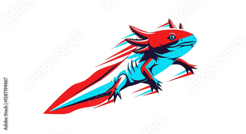 A stylized illustration of a red and cyan axolotl with a dynamic motion blur, creating a vibrant, energetic 3D anaglyph effect on a white background.
