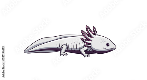 A cute, smiling white axolotl with feathery purple gills is shown in a side profile illustration.