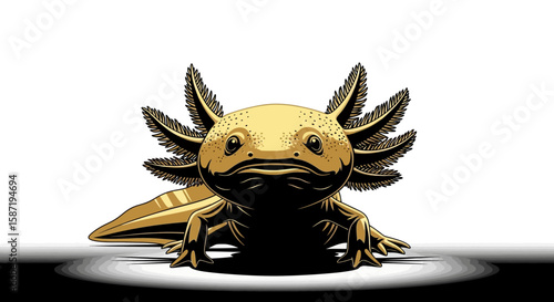 Golden axolotl illustration, front view, detailed rendering, aquatic salamander.