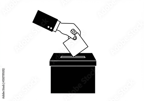 Hand wearing a suit jacket places a ballot into a black voting box