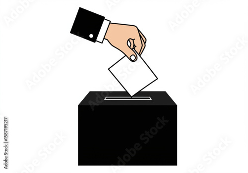 Hand in a suit places a ballot into a black voting box