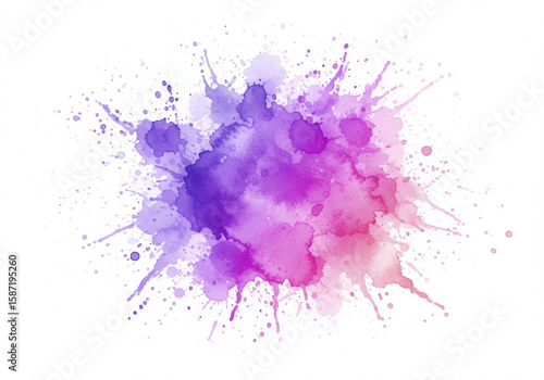Vibrant purple and pink watercolor splash with delicate paint splatters
