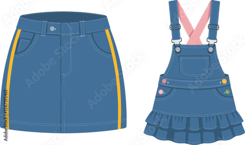 CAD drawing flat vector illustration of girls denim mini skirt and ruffle overall dress with colorful buttons, technical kids fashion design