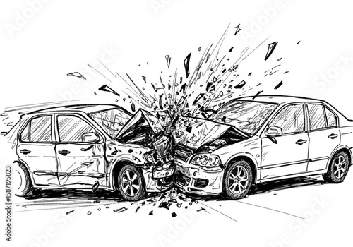 Two cars in a head on collision with shattered glass and crumpled metal