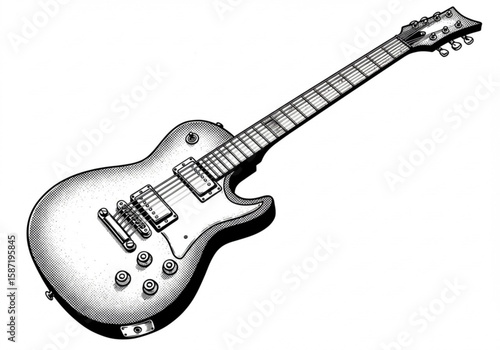 Detailed black and white illustration of a classic electric guitar on a white background