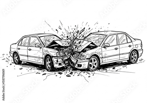 Two cars in a head on collision with debris flying in a sketch style
