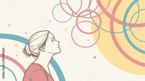 Woman looking up at circles illustration for inspiration and creative visualization concept art design