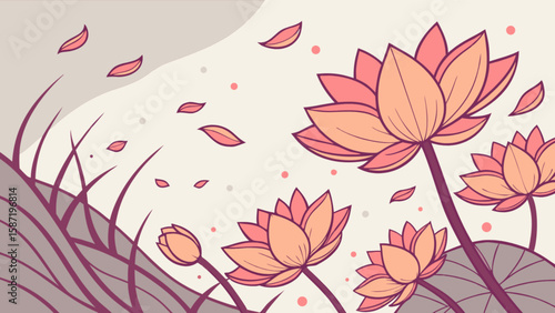 Beautiful lotus flower illustration with falling petals for nature themed designs and backgrounds usage