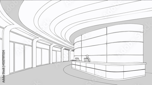 Modern lobby interior design architectural rendering with reception desk and curved ceiling detail drawing