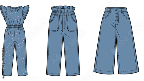 CAD drawing flat vector illustration of stylish kids denim clothing, girls fashion jumpsuit, wide-leg pants, technical sketch template
