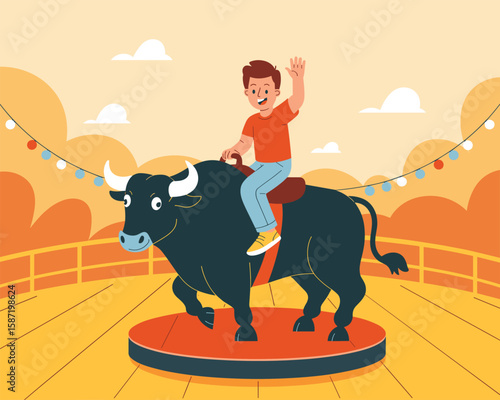 Boy Rides Bull on Platform, Waving Happily at Carnival