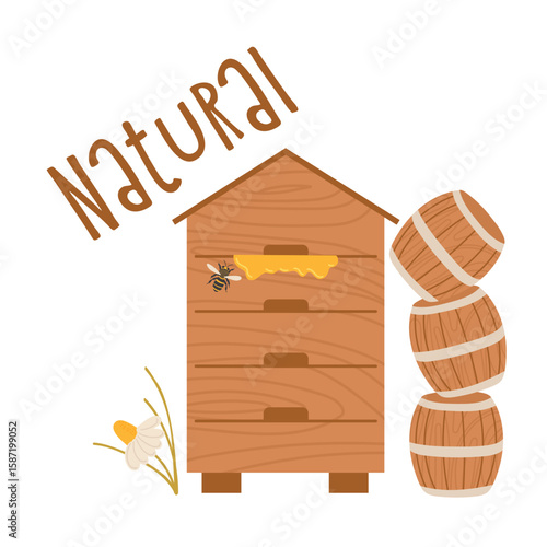 Wooden beehive illustration with honey barrels and natural elements