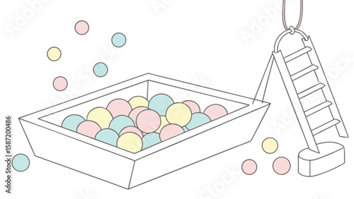 Ball pit illustration with ladder for kids playroom design and colorful balls in pastel colors style art
