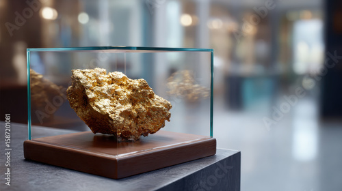 Stunning gold nugget displayed in glass case, showcasing its natural beauty in museum setting, inviting admiration and curiosity