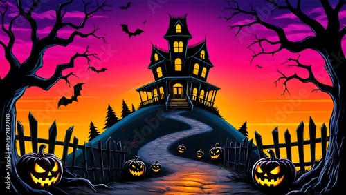 Haunted House Halloween Scene: A captivating digital illustration of a spooky haunted house on a hill, illuminated by jack-o'-lanterns under a twilight sky, filled with spooky ambiance and mystery. 