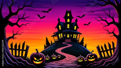 Spooky Halloween Night: A haunted house stands silhouetted against a vivid sunset sky, with Jack-o'-lanterns casting an eerie glow, creating an atmosphere of festive fright for Halloween.