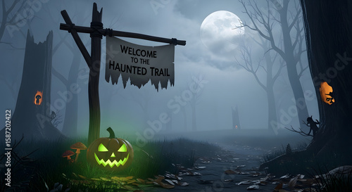 A spooky halloween sign welcomes visitors to a haunted trail with a jackolantern
