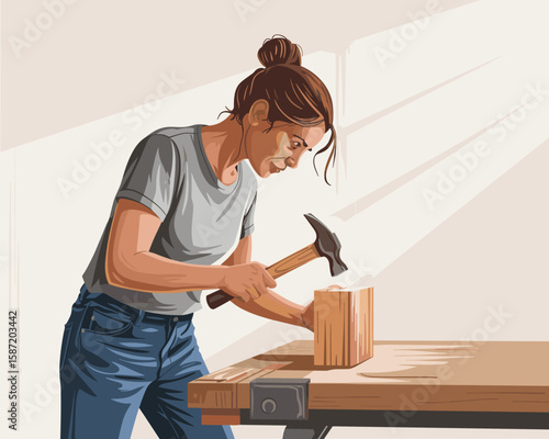 Woman crafting with hammer on wooden surface in workshop illustration