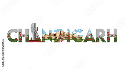 Chandigarh India text landmark tourism.