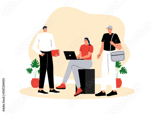 Completing group assignments with classmates and discussing material for the next project. School illustration. Flat vector illustration.