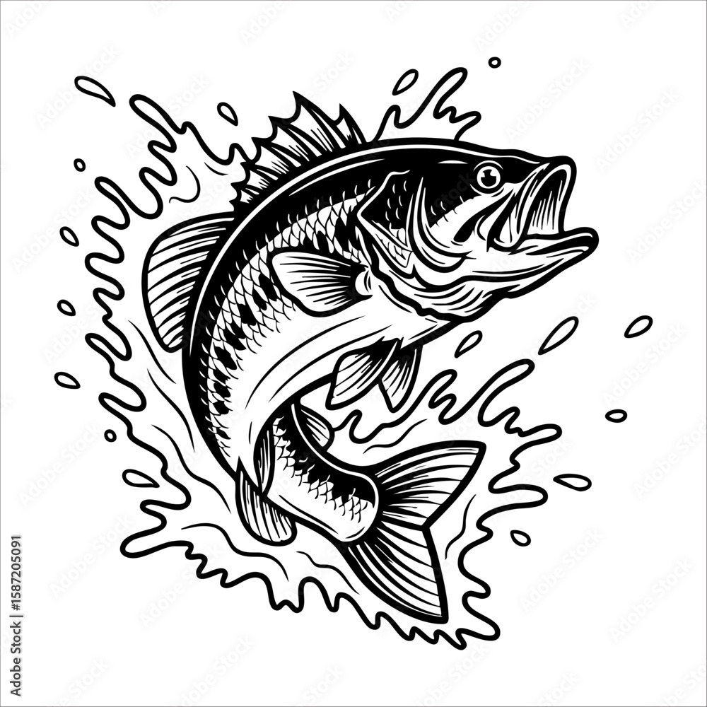 Fototapeta premium Set of Vintage Bass Fish Illustrations – Jumping and Splashing in Black and White